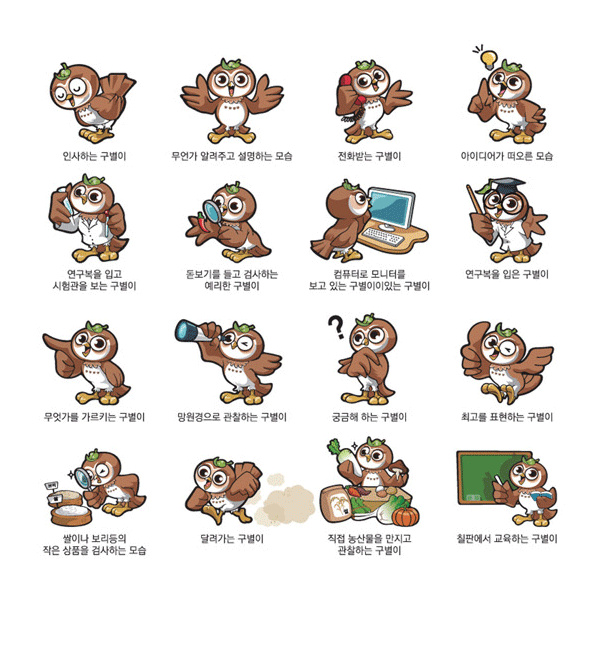 인사하는 구별이 캐릭터, 무언가를 알려주고 설명하는 모습의 캐릭터, 전화받는 구별이 캐릭터, 아이디어가 떠오른 모습에 캐릭터, 연구복을 입고 시험관을 보는 구별이 캐릭터, 돋보기를 들고 검사하는 예리한 구별이 캐릭터, 컴퓨터로 모니터를 보고있는 구별이 캐릭터, 연구복을 입은 구별이 캐릭터, 무언가를 가르키는 구별이 캐릭터, 망원경으로 관찰하는 구별이 캐릭터, 궁금해하는 구별이 캐릭터, 최고를 표현하는 구별이 캐릭터, 쌀이나 보리등의 작은 상품을 검사하는 모습에 캐릭터, 달려가는 구별이 캐릭터, 직접 농산물을 만지고 관찰하는 구별이 캐릭터, 칠판에서 교육하는 구별이 캐릭터 순으로 나타낸 이미지입니다.